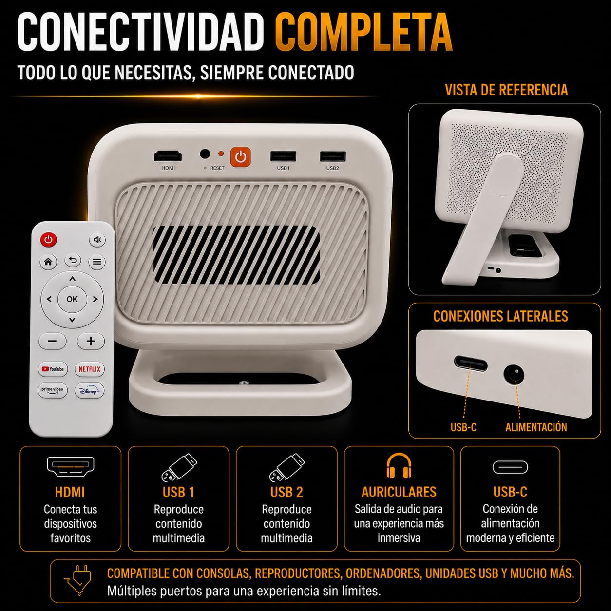 Proiettore DLP Google TV certificato | 1000 ANSI Lumen | Full HD 1080P nativo | Compatibile 4K con Scale XPR | Auto Focus e Auto Keystone 6D | WiFi 6 | 3D DLP Link | Batteria 20800 mAh | Altoparlanti