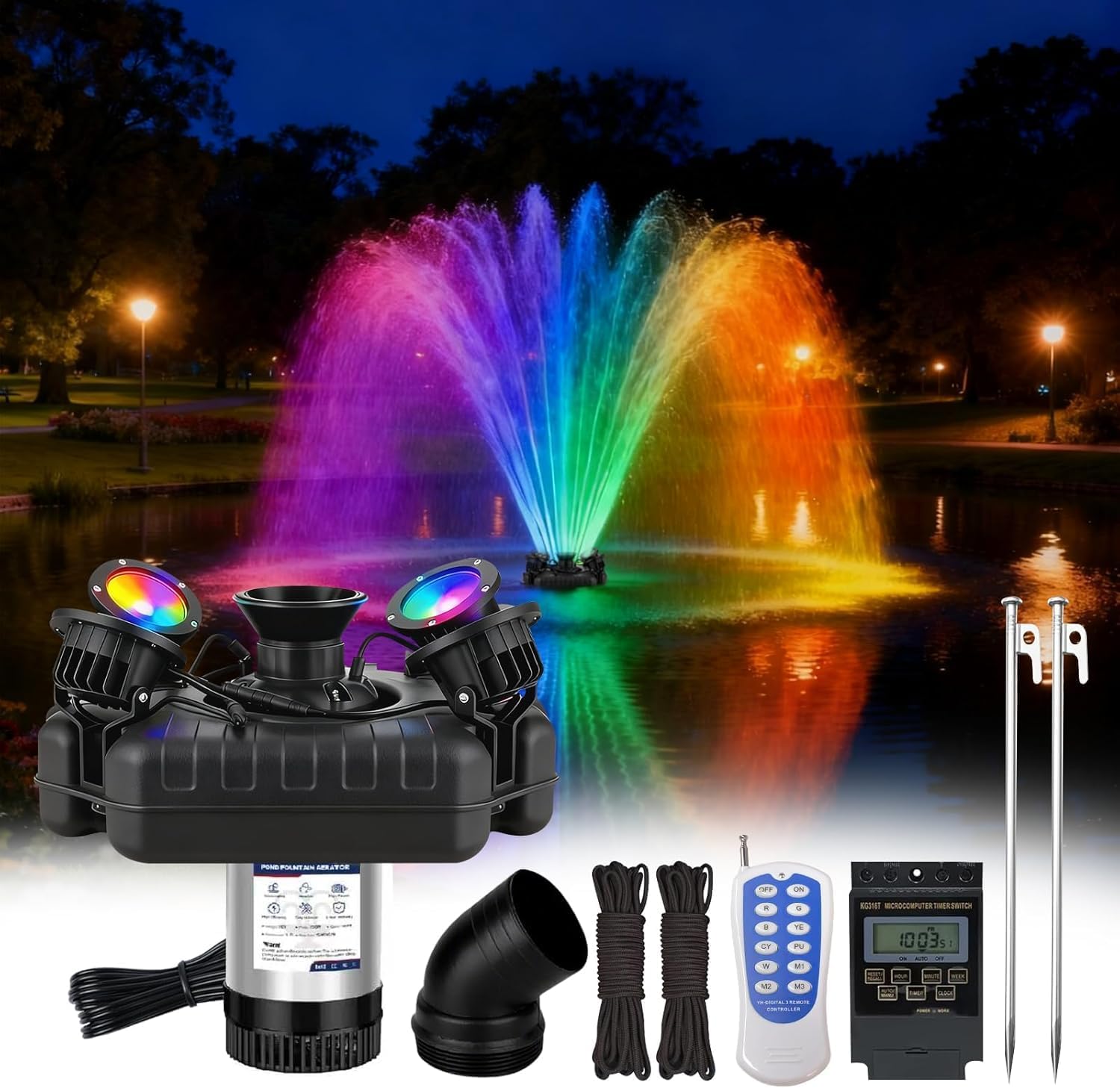 Pond Fountain Aerator with Lights 750W 110V 1 HP with Dynamic RGB Lighting 9 Adjustable Modes Digital Timer | 15,000 GPH 100FT Cord - for Large Ponds Lakes & Outdoor Water Features