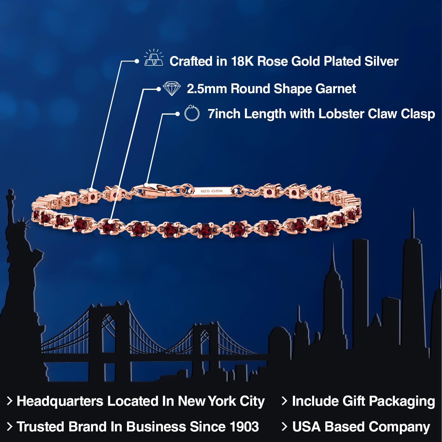 Gem Stone King Red Garnet Tennis Bracelet for Women in 925 Sterling Silver | 1.62 Cttw | Round 2.5MM | Gemstone January Birthstone | 7 Inch - Image 2