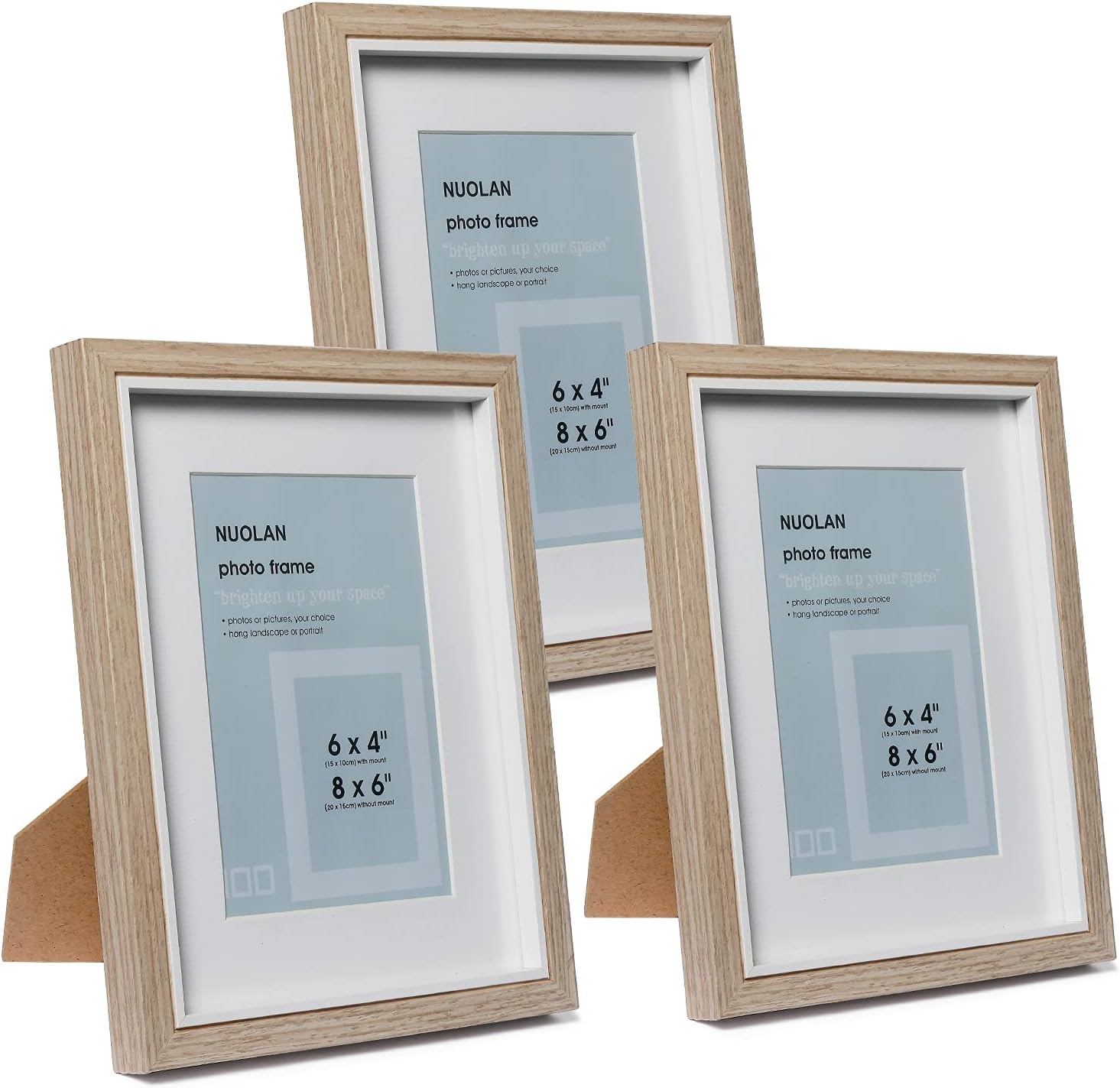 NUOLAN 8X6 Photo Frame Natural Wood Pattern Set of 3- Mount for 6x4 inch (15x10 cm) Picture -Real Glass Front (EU-NL-008-6X8-WN)