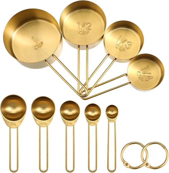8 Pcs/Set Gold Measuring Cups and Spoons Set 304 Stainless Steel Kitchen Gadgets Measuring Spoons Combo 4 Measuring Cups and 5 Measuring Spoons and 2 Rings for Baking Cooking