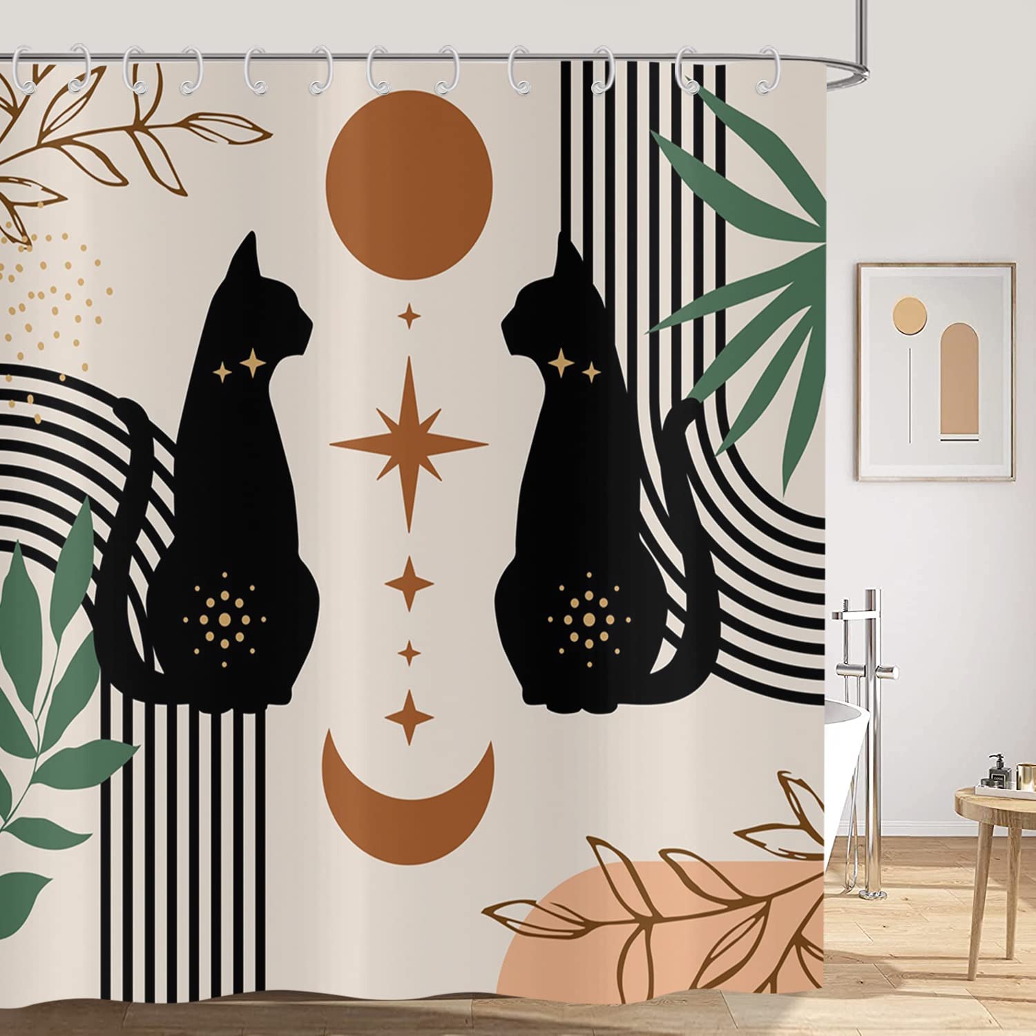 Boho Shower Curtain 240x180, Hnmdmyi Mid Century Abstract Black Cat Leaf Moon Star Beige Bathroom Curtains Modern Terracotta Aesthetic Art Waterproof Polyester Fabric Washable Bath Curtains with Hooks