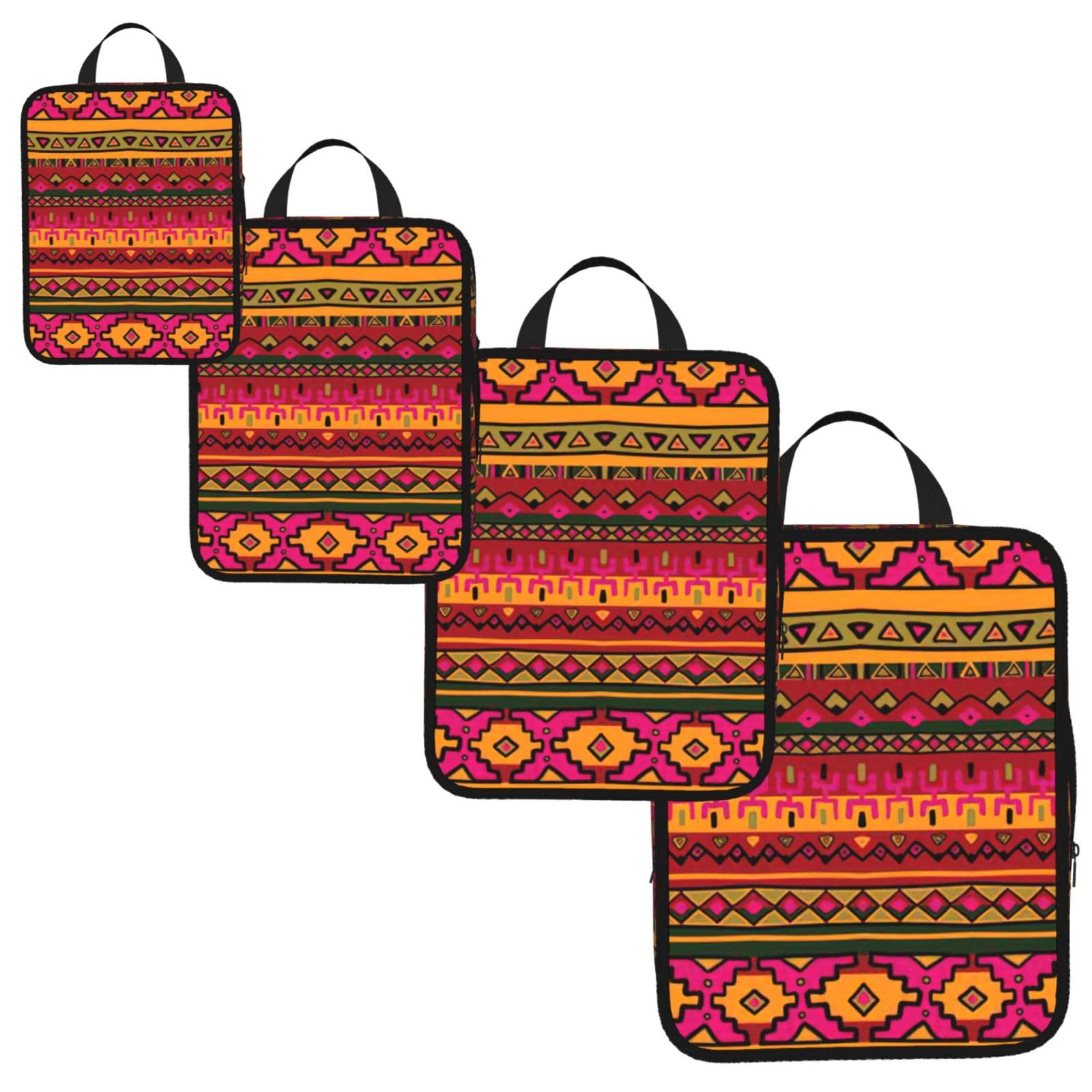 Mexican Folk Art Boho Print 4 Set Compression Packing Cubes for Suitcases,Expandable Storage Bag Organizers