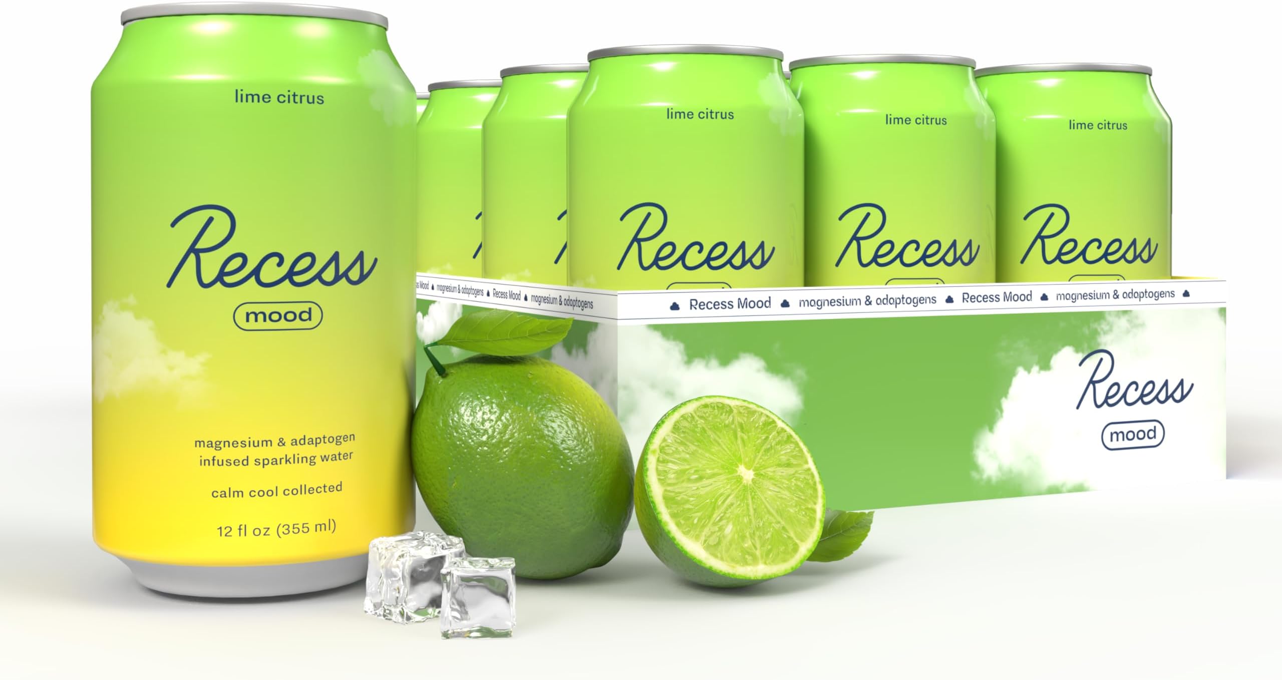 Recess Mood Lime Citrus Functional Sparkling Water, Magnesium & Adaptogen Infused Sparkling Water, 12 Fluid Ounce (Pack of 12)