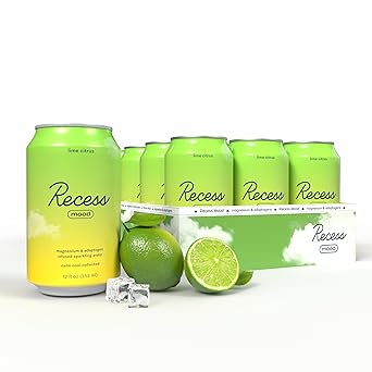Recess Mood Lime Citrus Functional Sparkling Water, Magnesium & Adaptogen Infused Sparkling Water, 12 Fluid Ounce Pack of 12