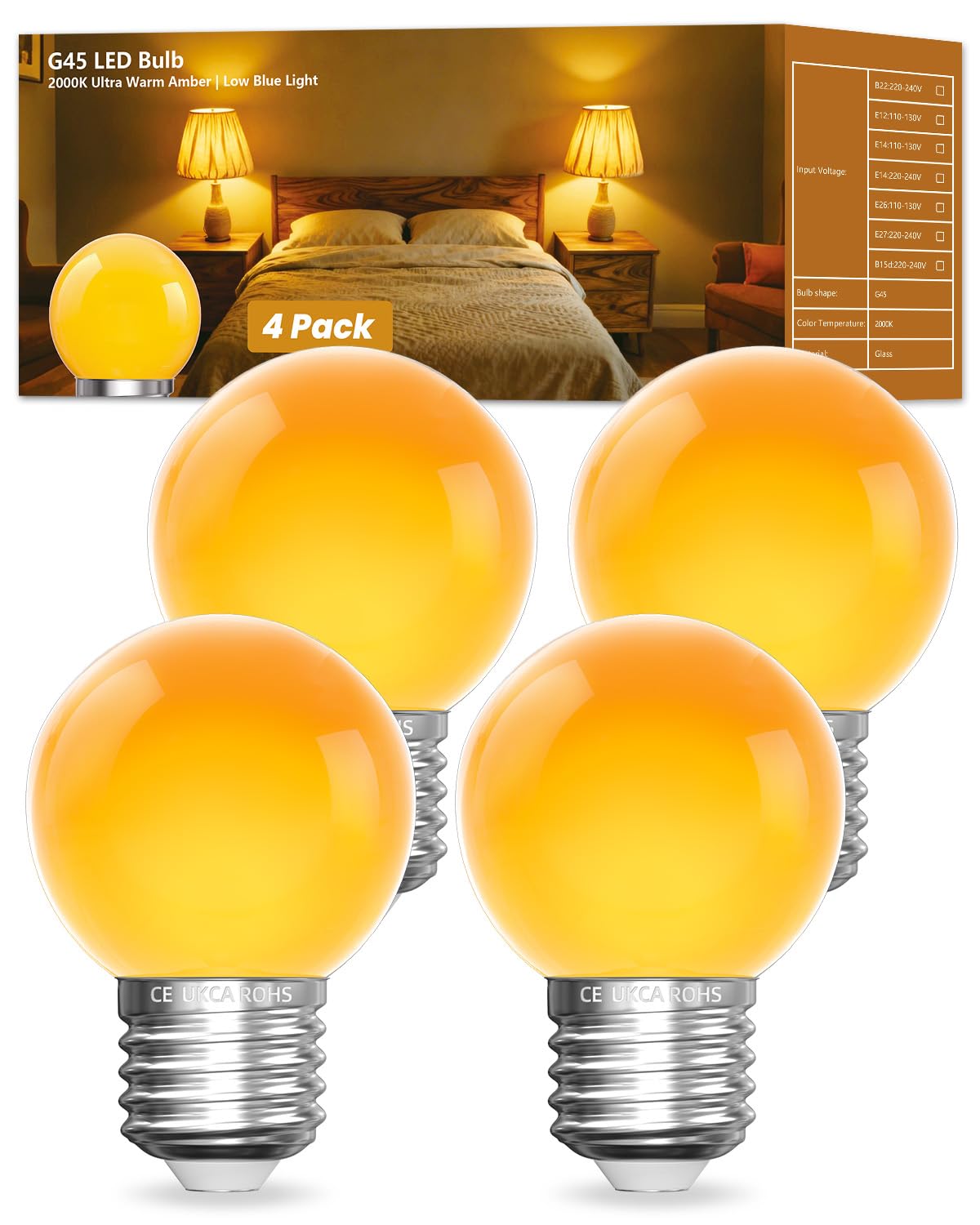Lustaled Amber Light Bulbs 2000K, E27 G45 Yellow Soft Warm Sleep Bulb 4PCS