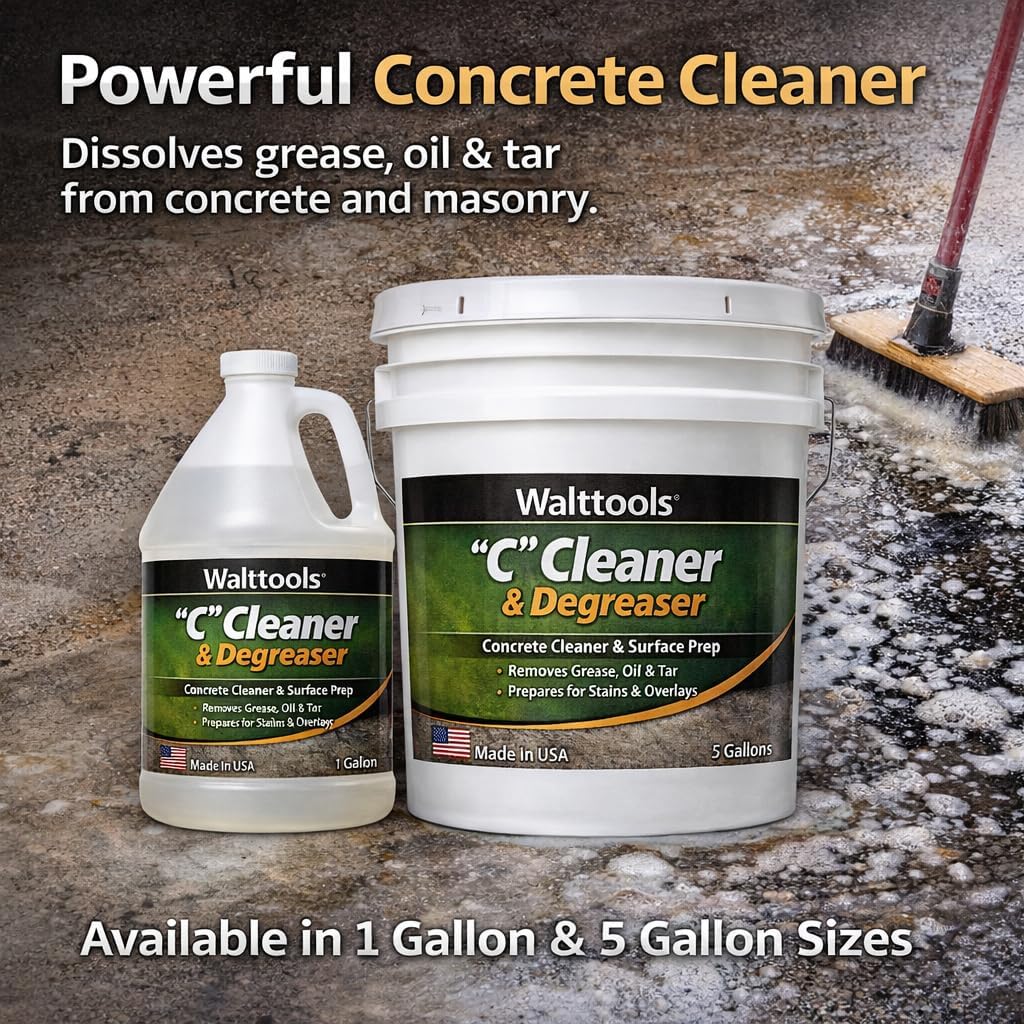 “C” Cleaner & Degreaser – Citrus-based concrete cleaner that removes grease, oil, tar & rubber marks. Eco-friendly, non-toxic degreaser for floors and overlays. 5 Gallon