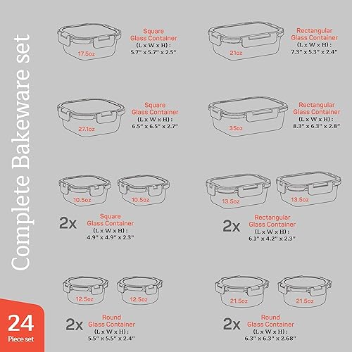 Miniatura 3 de Recipientes de almacenamiento de alimentos de vidrio borosilicato con tapas, 24 piezas, sin BPA, apilables para almuerzo y sobras, aptos para