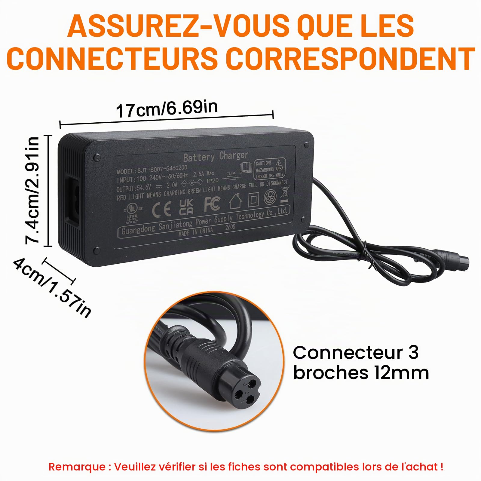 Chargeur de Scooter électrique 54.6V 2A, Compatibilité avec Kugoo M4/M4 Pro/Hitway H5/H5 Pro/UrbanGlide/JOYOR/Speedway/Urbetter/Kaabo, pour Chargeur de Lithium 48 V, Connecteur 3 Broches 12 mm
