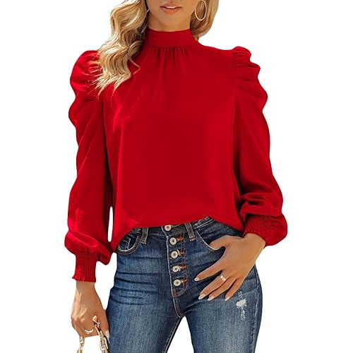 Dokotoo Womens 2024 Long Sleeve High Neck Puff Long Sleeve Casual Loose Shirts Tops and Blouses