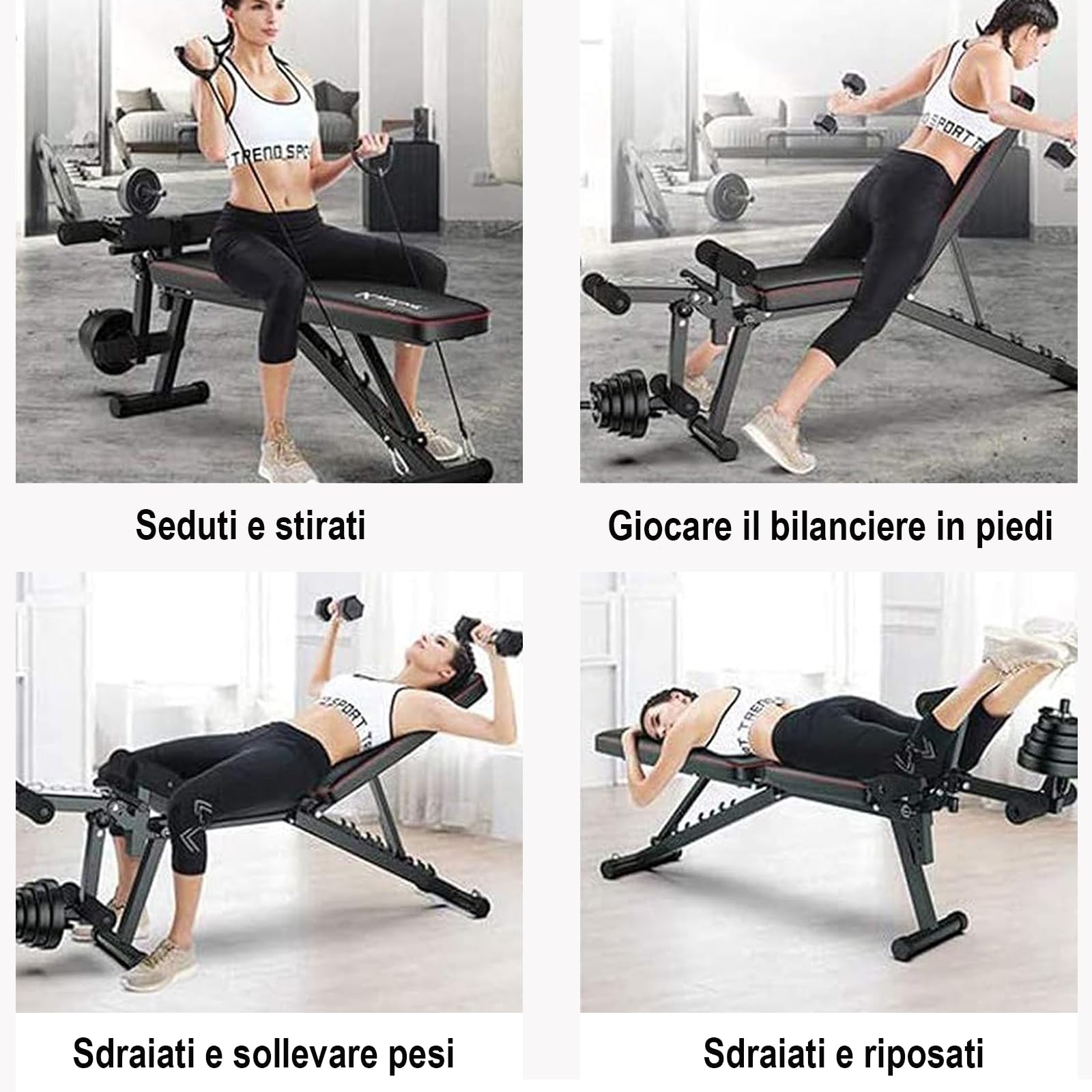 Panca Multifunzione Palestra Casa, Panca Palestra Pieghevole, Bench per Addominali con Leg Extension Leg Curl Pesi Schienale Regolabile in 4 Livelli Dischi per manubri non inclusi