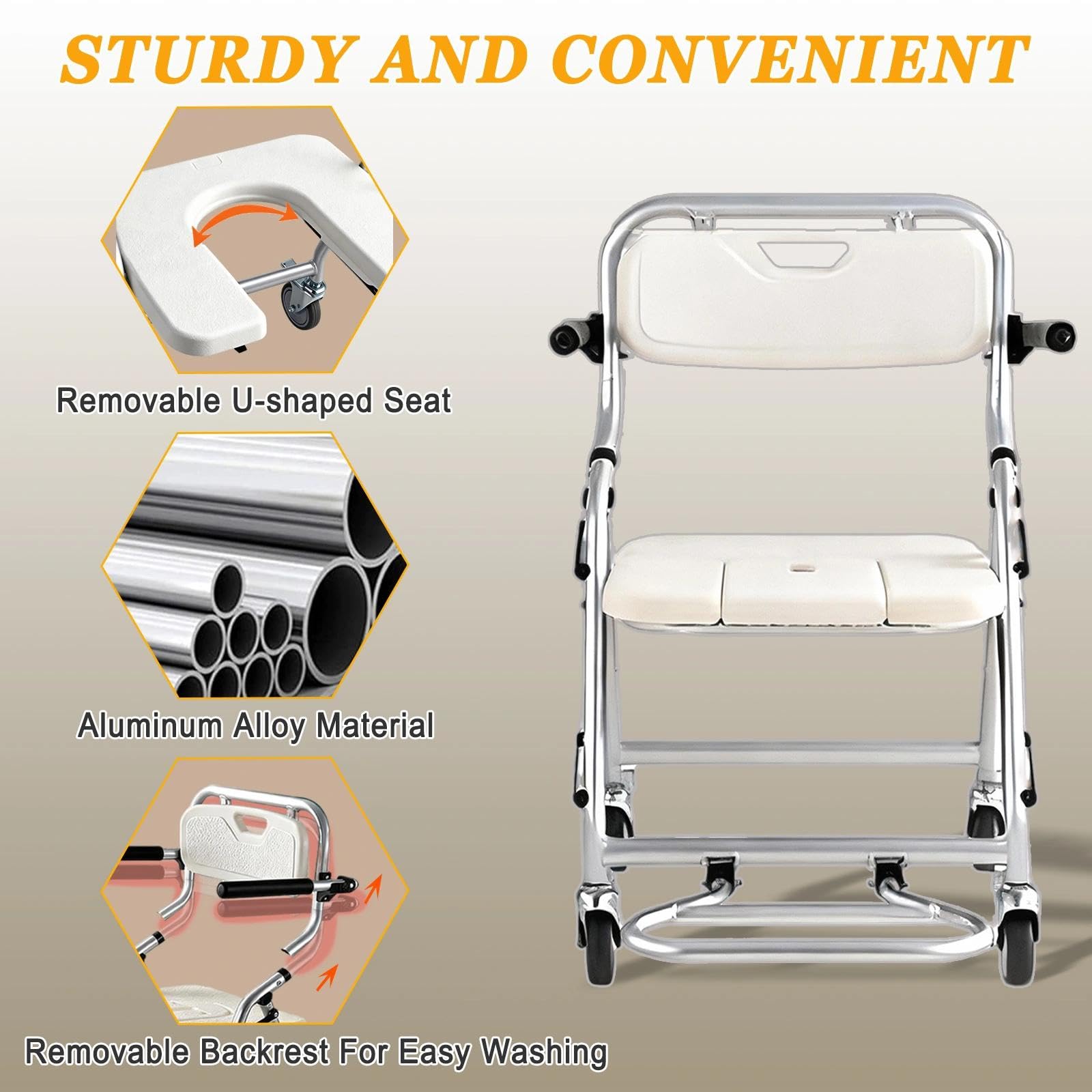 Silla de Ducha con Ruedas y Respaldo Desmontable, Carga 120kg