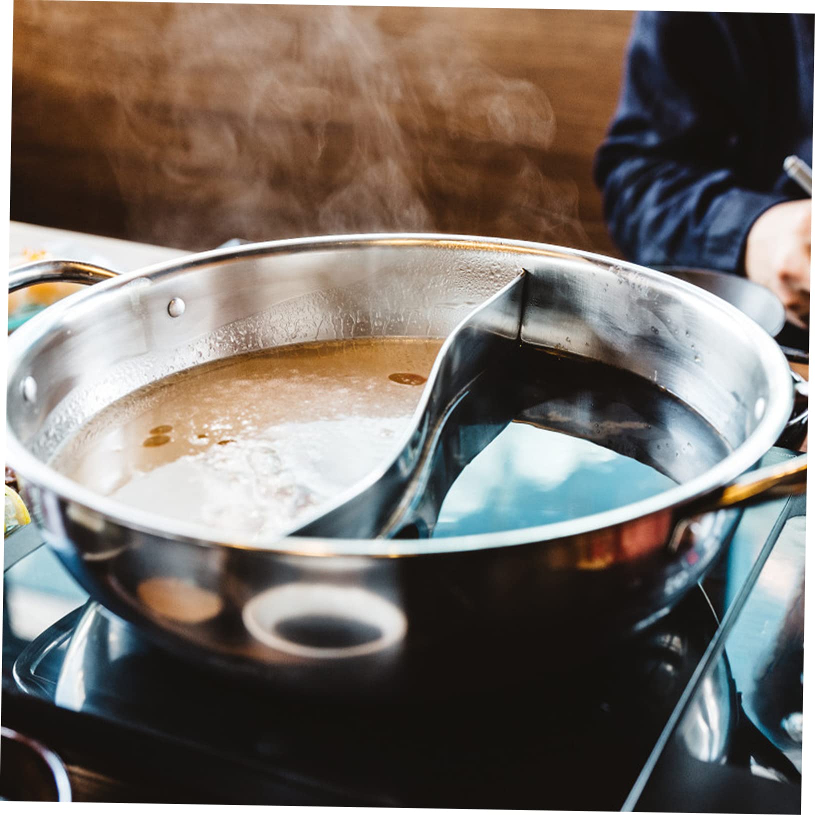 JECOMPRIS Multifunctional Hot Pot Pot with Divider Stainless Steel Cookware with Toughened Lid for Induction and Gas Cookers for Family Gatherings and Parties