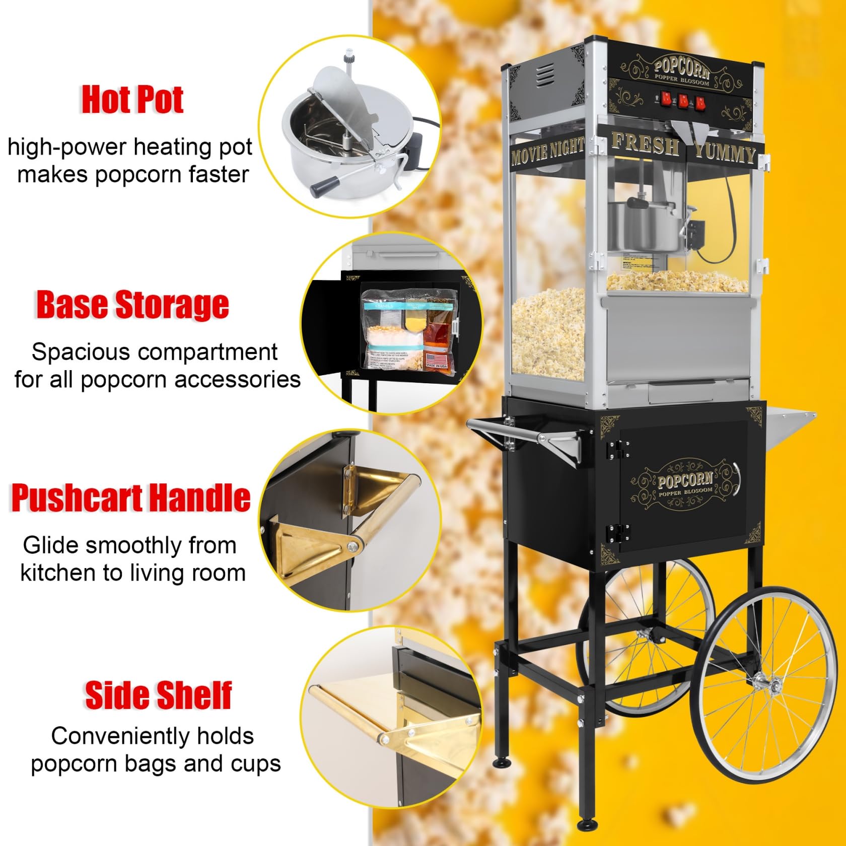 Máquina de palomitas de maíz de 20 onzas con carrito, ruedas y hervidor de acero inoxidable, estilo vintage, máquina para hacer palomitas de maíz para fiestas, eventos, uso doméstico y comercial 7