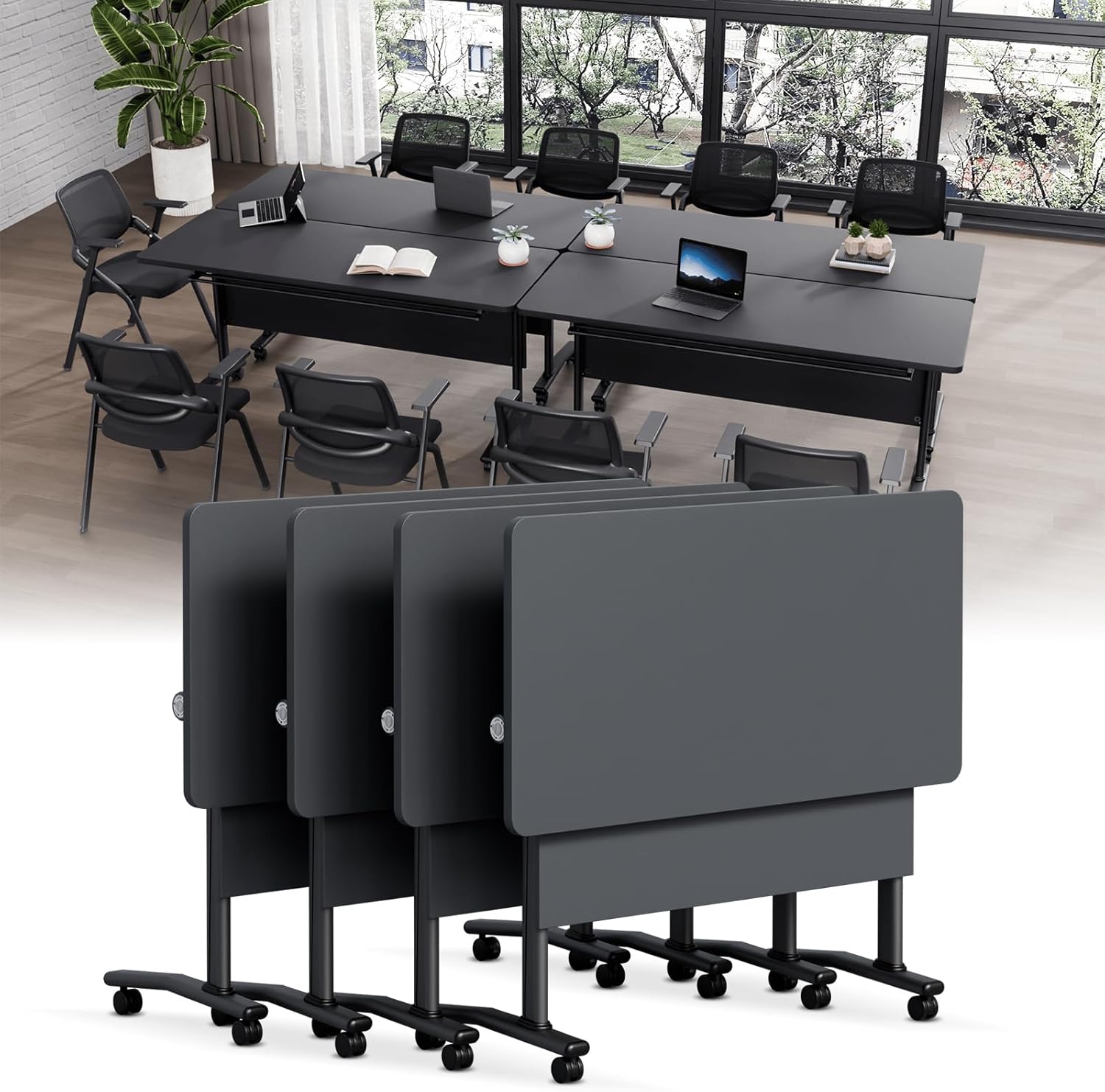 Folding Conference Room Table with Wheels, 4 Pack Modular Training Tables with Silent Locking Casters, Flip Top Foldable Mobile Rolling Meeting Seminar Tables for Office, Class (4, Black, 61in)
