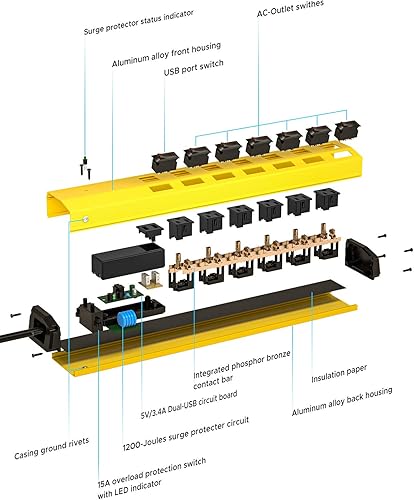 Miniatura 9 de CRST Regleta de alimentación resistente de 6 salidas con USB e interruptores individuales, 1200 julios, protector de sobretensiones montado en