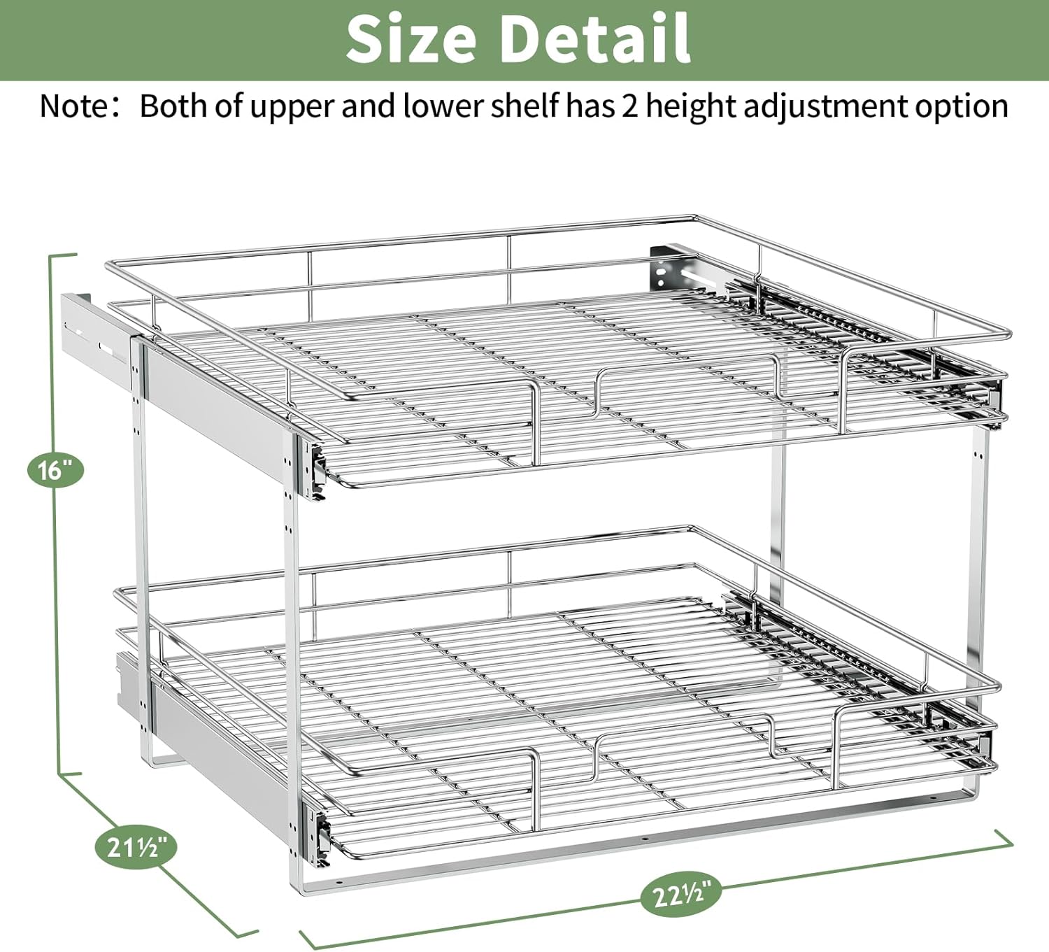 ROOMTEC Pull Out Cabinet Organizer (22½"W x 21½"D),2 Tier Pull Out Storage Shelf Drawer Basket,Sliding Shelves for Base Cabinet Organization in Kitchen, Bathroom, Pantry