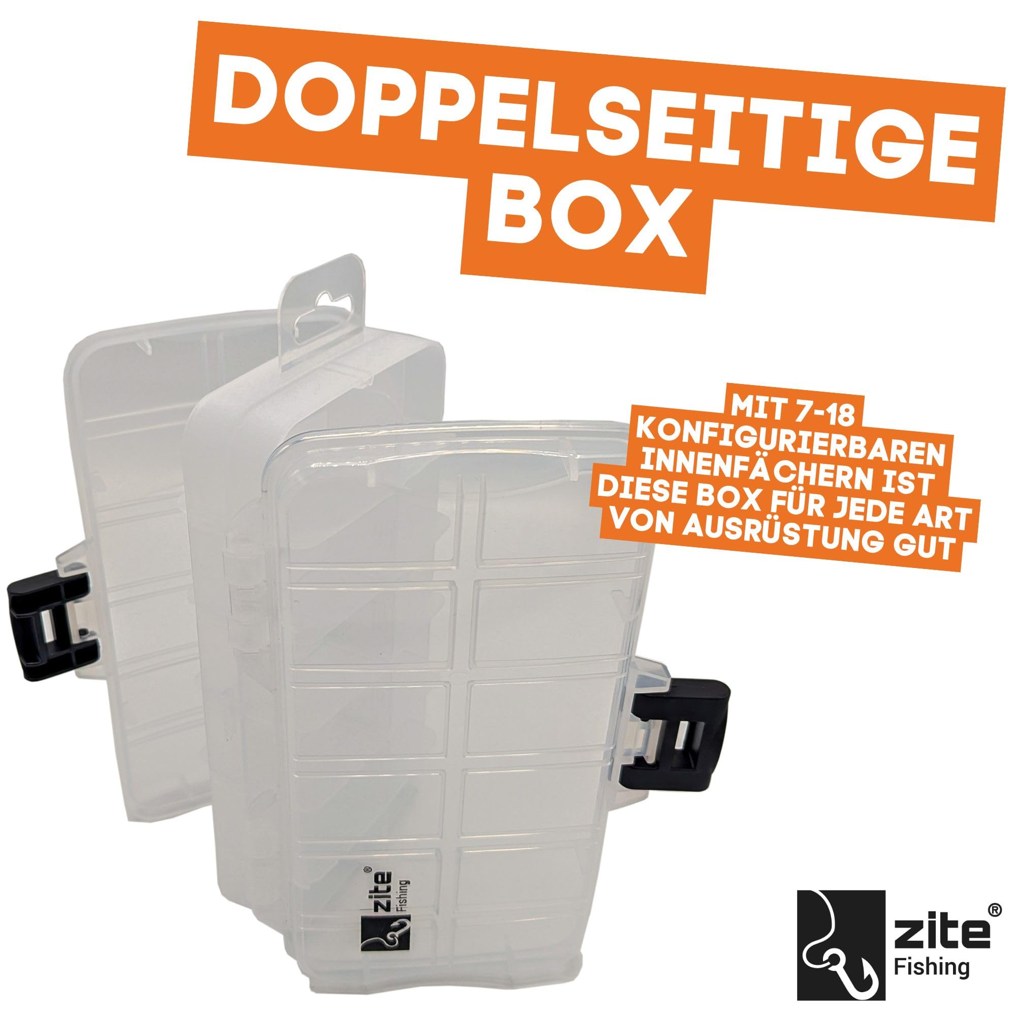 Zite Fishing doppelseitiges Köderbox Angeln Set 3 STK | Je 18 Fächer für Metallköder, Spoons &mehr | Mit stabilem Verschluss & transparentem Deckel | 23x13x6,1cm, Angelbox, Tackle Box angeln Angel Box