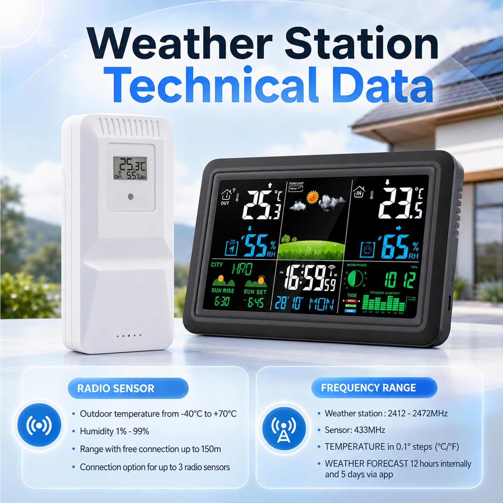 Stazione Meteo Con 3 Sensore Esterno, Per Interni Ed Esterni | Stazione Meteorologica Wireless Con App Tuya E Smartlife, Schermo Lcd Colorato,Allarme,Sveglia,Previsioni Meteorologiche