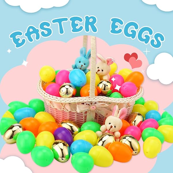 A collection of assorted bright color plastic Easter eggs, some filled and others empty, ready for an Easter hunt.