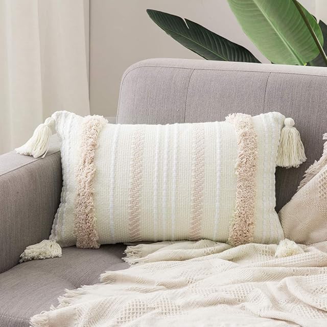 MIULEE Tasseled Cushion Covers Bohemian Indian Embroidered Decorative Square Throw Pillow Case Pillowcases for Couch Livingroom Sofa Bed with Invisible Zipper 1Piece 12 x 20 inch 30 x 50cm