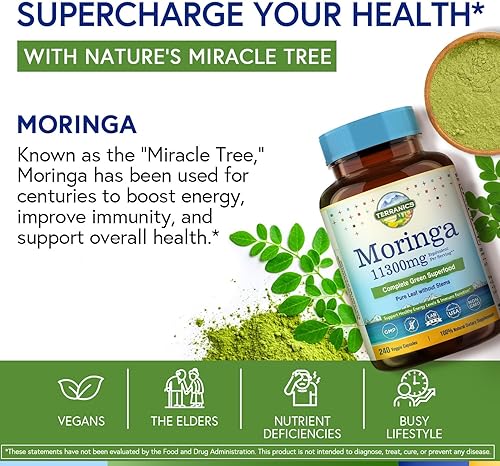 Miniatura 9 de Terranics Complejo de magnesio y cápsulas de moringa  420 mg 10 en 1 de espectro completo de magnesio con glicinato y citrato + 11300 mg de polvo