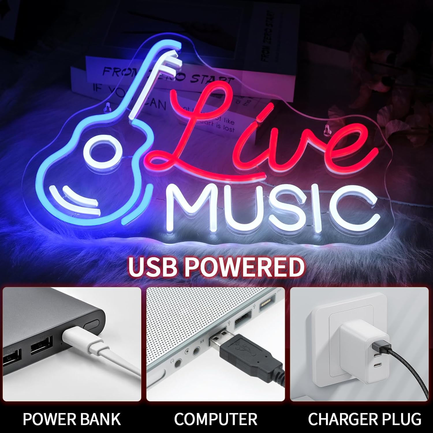 Live Music Neon Sign for Wall Decor - Dimmable LED Light for Studio, Guitar, Bar, Concert, Party, Man Cave - Room Decoration Gift
