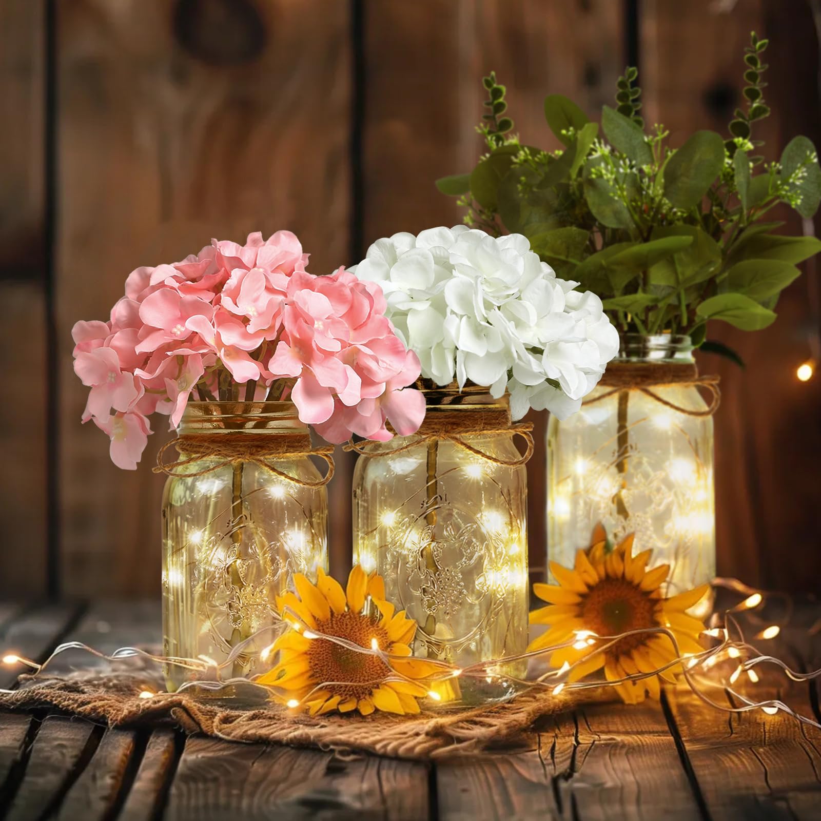 Juego de 3 luces de tarro Mason, hortensias blancas, decoración de mesa navideña