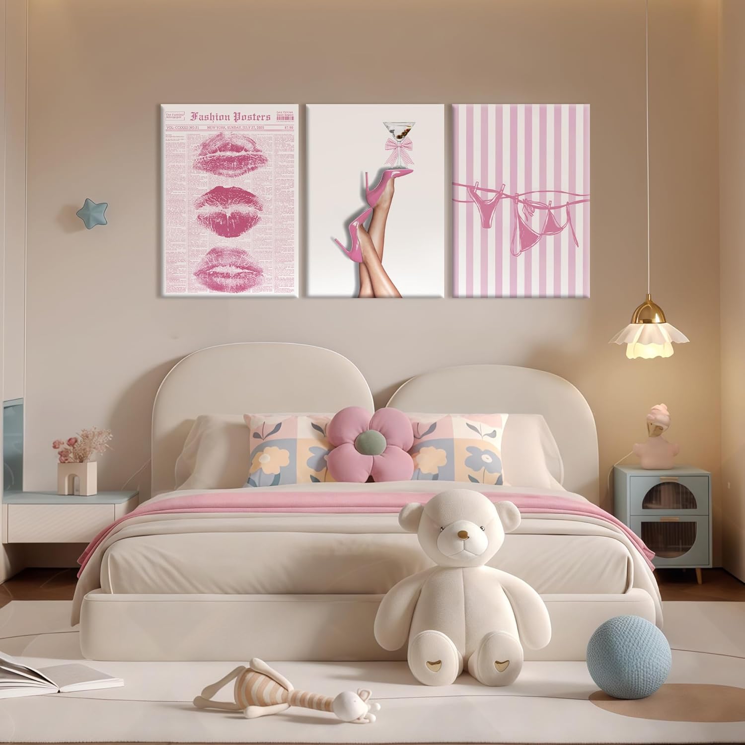 3Pcs Trendy Coquette Wall Art Pink Lips Bikini & Bow Heels Wall Decor Pictures Vintage Martini Newspapaer Canvas Posters Prints for Y2K Girly Room Dorm Apartment Preppy Aesthetic Decor 16x24in