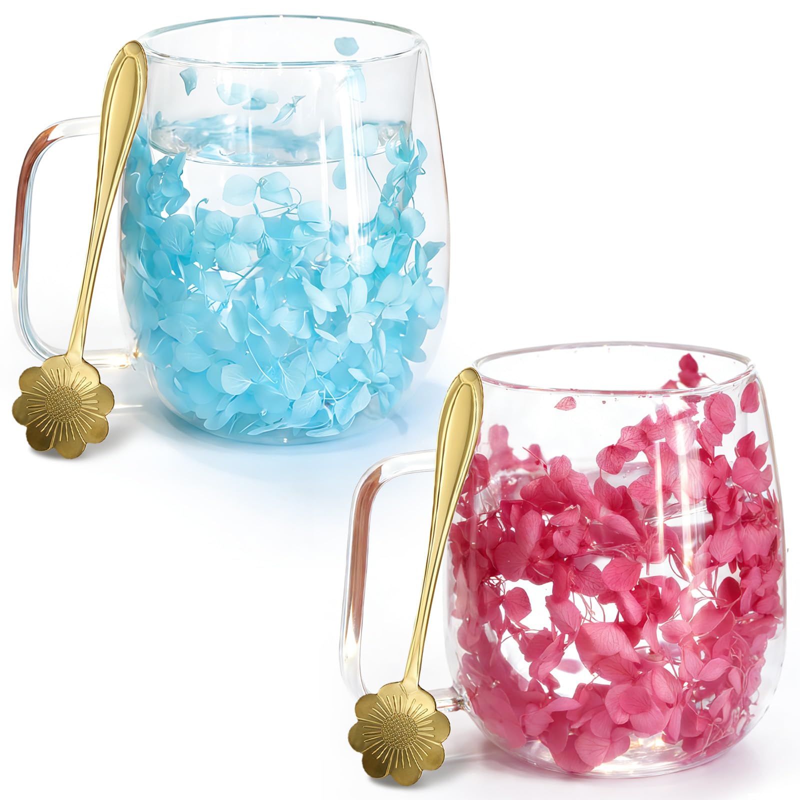 Richaa 2pcs Dried Flowers Double Walled Glass Mug with Handle - 320ml Cappuccino Cup Double Walled Coffee Mug Latte Glass Coffee Mug Coffee Glass Gifts for Women(with Spoon)