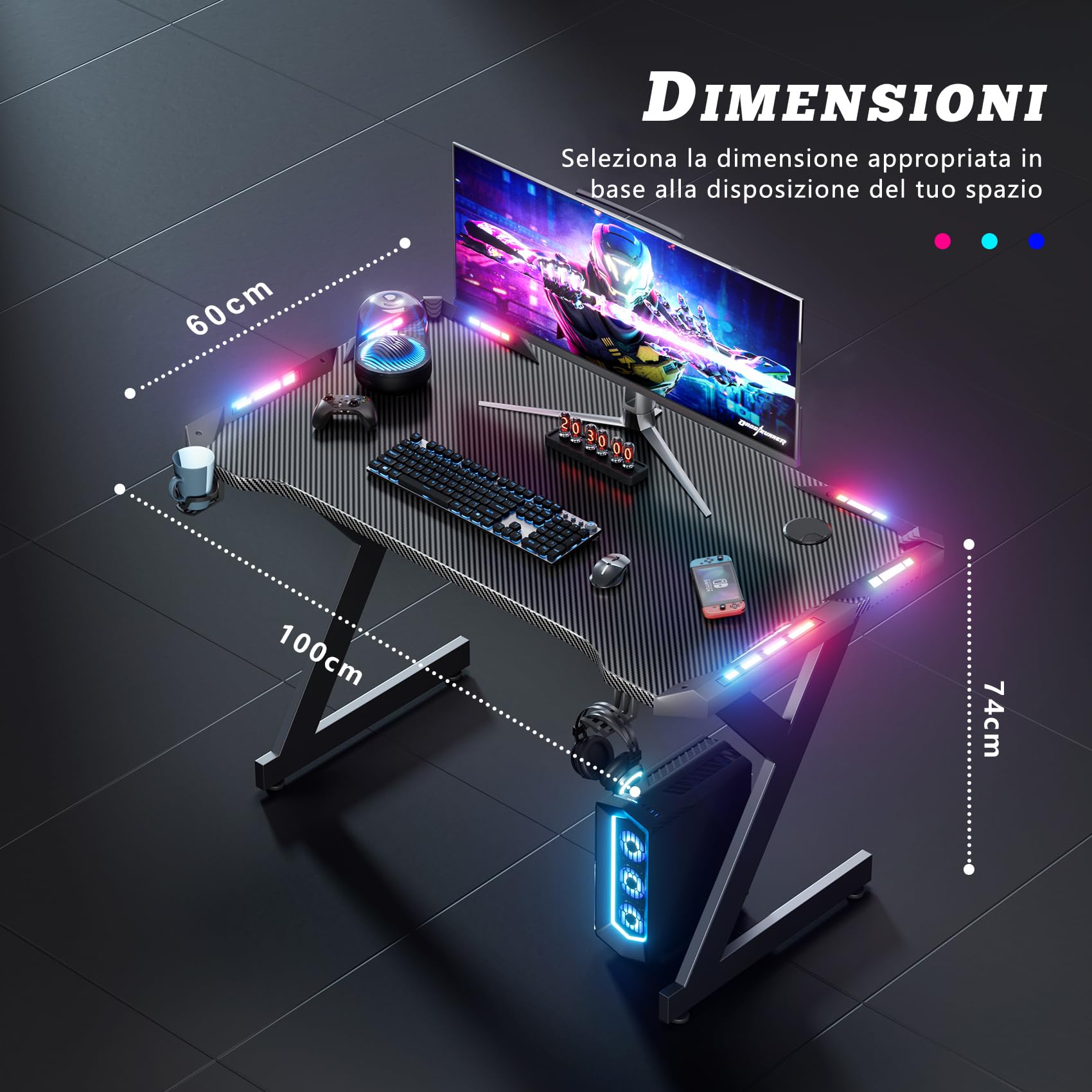 Scrivania Gaming LED 100x55cm Con RGB - Postazione Gamer Con Portabicchieri E Ganci Cuffie - Foto 8