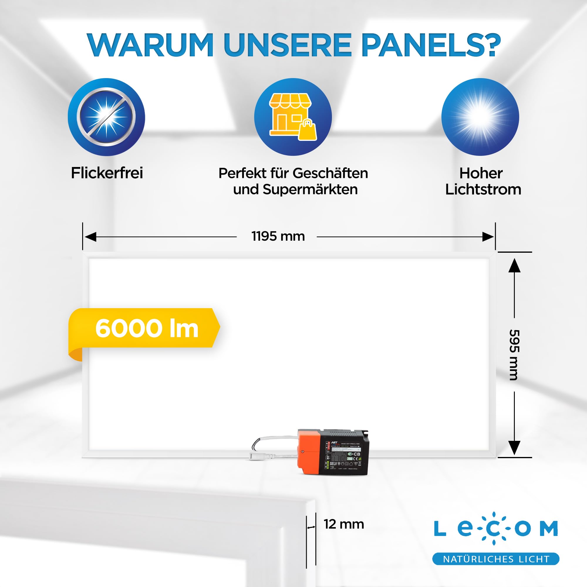 LECOM LED Panel XXL 120x60 Neutralweiß 4000K 6000lm Rasterleuchte | LED Deckenleuchte für professionelle, helle und gleichmäßige Beleuchtung. Flaches Design. Für Räume mit hohem Lichtbedarf.