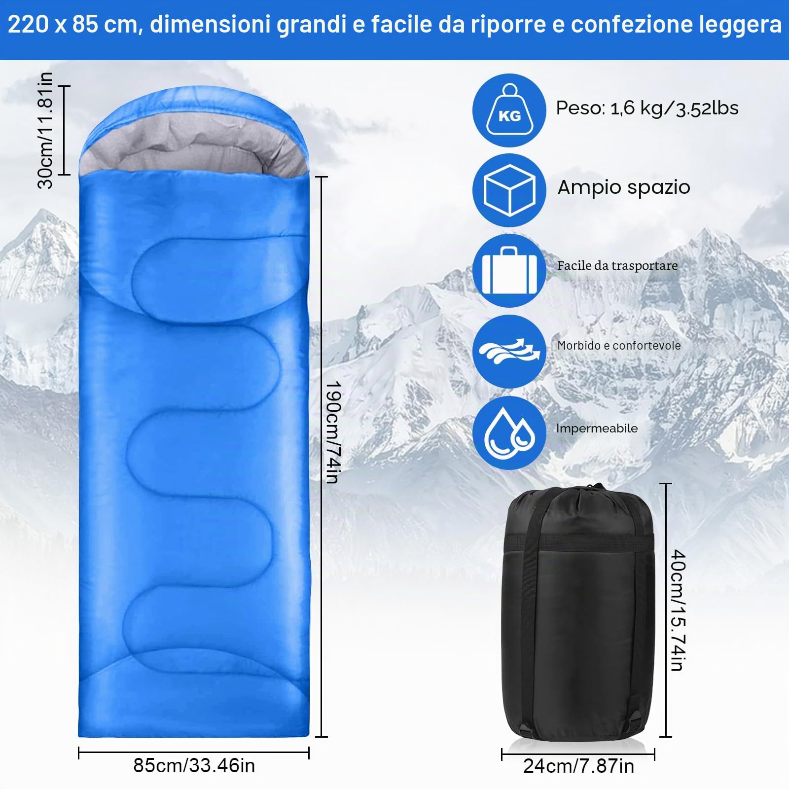 Sacco a Pelo, 220 x 85 cm Sacchi a Pelo Invernale per Adulti e Bambini, Impermeabile Sacchi a Pelo Ultraleggero Compatto per Campeggio Trekking, Escursioni, attività all'Aria Aperta