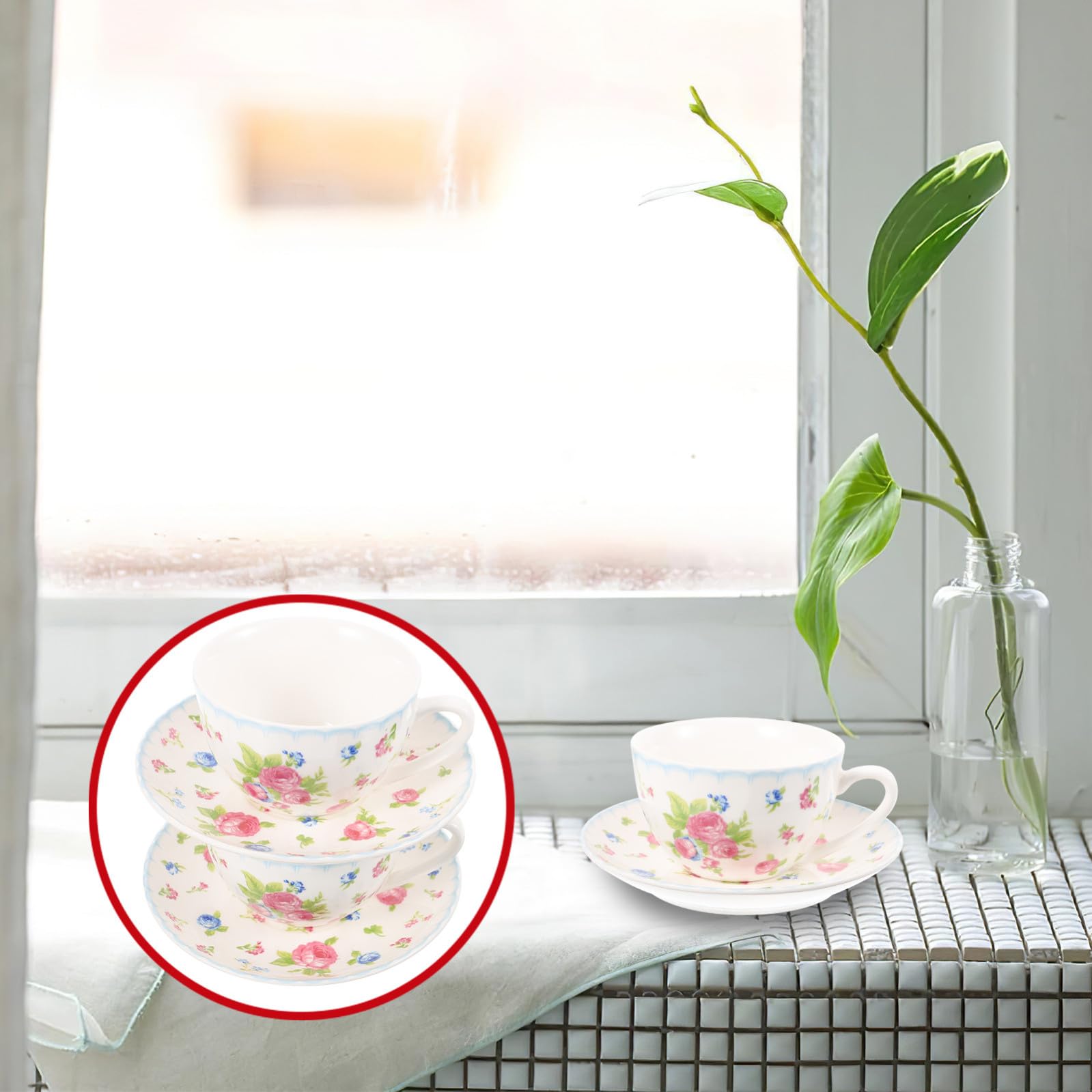 Set di Tazzine da Caffè in Porcellana Bone China 150ml Piattini, Design Retrò Elegante, Facile da Usare per Regalo Housewarming o Celebrazioni