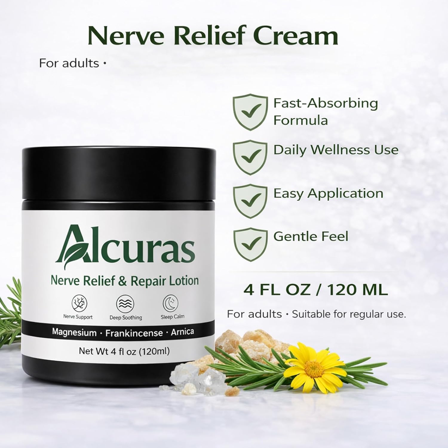 Nerve Cream, Neuropathy Relief Cream with Rosemary, Arnica, Magnesium, Natural Soothing & Moisturizing Body Repair Lotion, Daily Nourishment for Hands, Knee, Feet & Legs, 4FL OZ/120ML