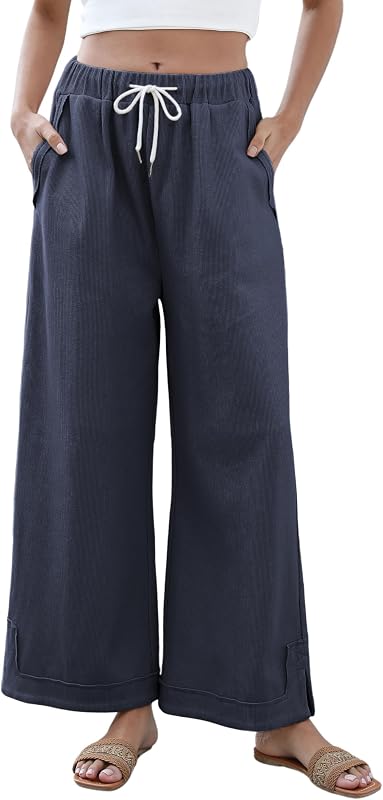 Athlisan Womens Baggy Wide Leg Palazzo Pants Casual Loose Drawstring Elastic Waisted Lounge Trousers with Pockets