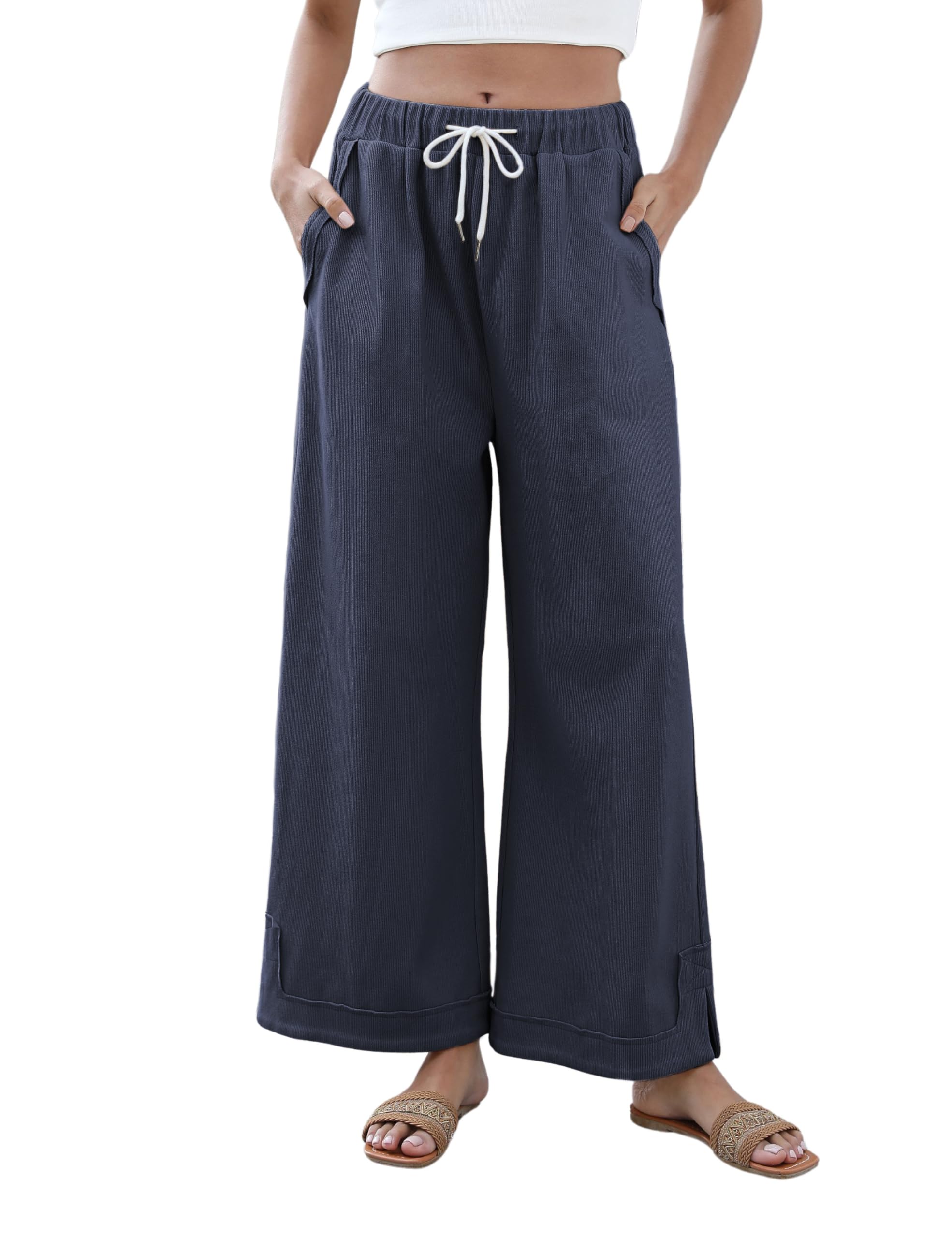 Athlisan Womens Baggy Wide Leg Palazzo Pants Casual Loose Drawstring Elastic Waisted Lounge Trousers with Pockets