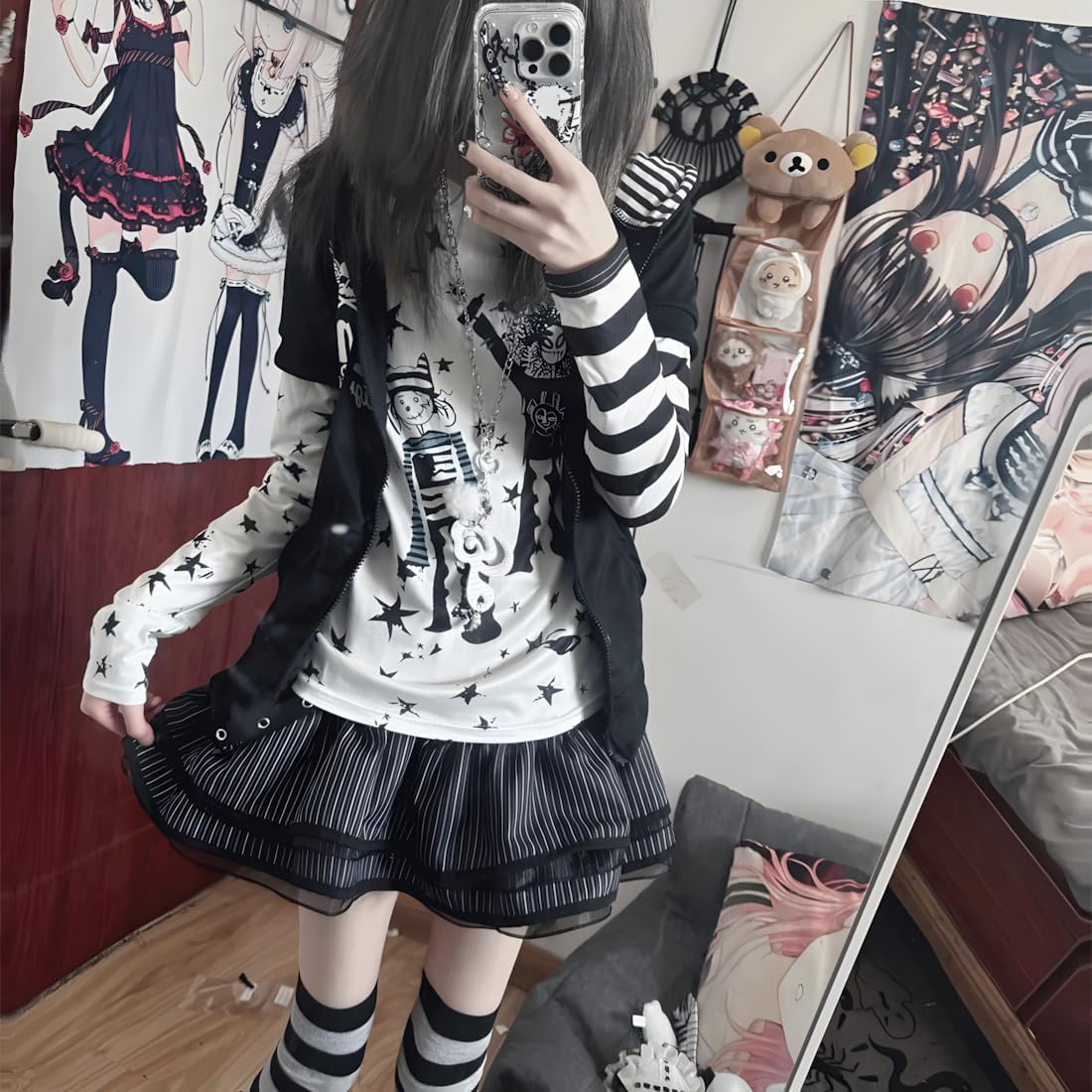 Gothic Grunge Kawaii Lolita Casual Elastic Waist Vintage Mesh Lace Rivet Trim Striped Layered Pleated Short Skirt - Image 5