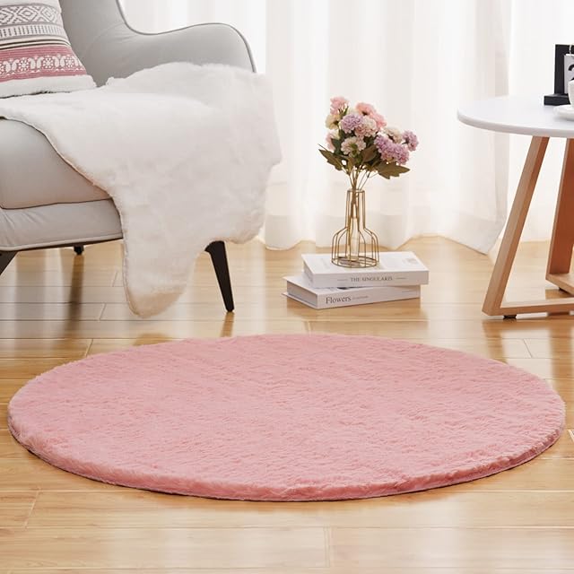 Vamcheer Rug Living Room 90cm Round - Faux Rabbit Fur Rug Circle Fluffy Rug Indoor Floor Area Rug for Playroom Bedroom 800GSM Cute Soft Rug for Children Kids Washable Carpet Non-Slip(90cm, Pink)