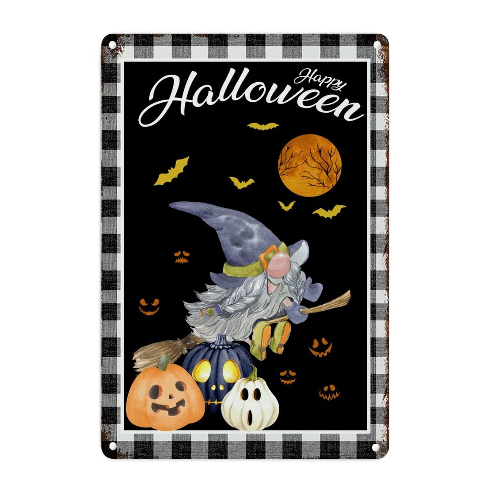 Décoration magique Halloween avec plaque de métal citrouille et gnome gris