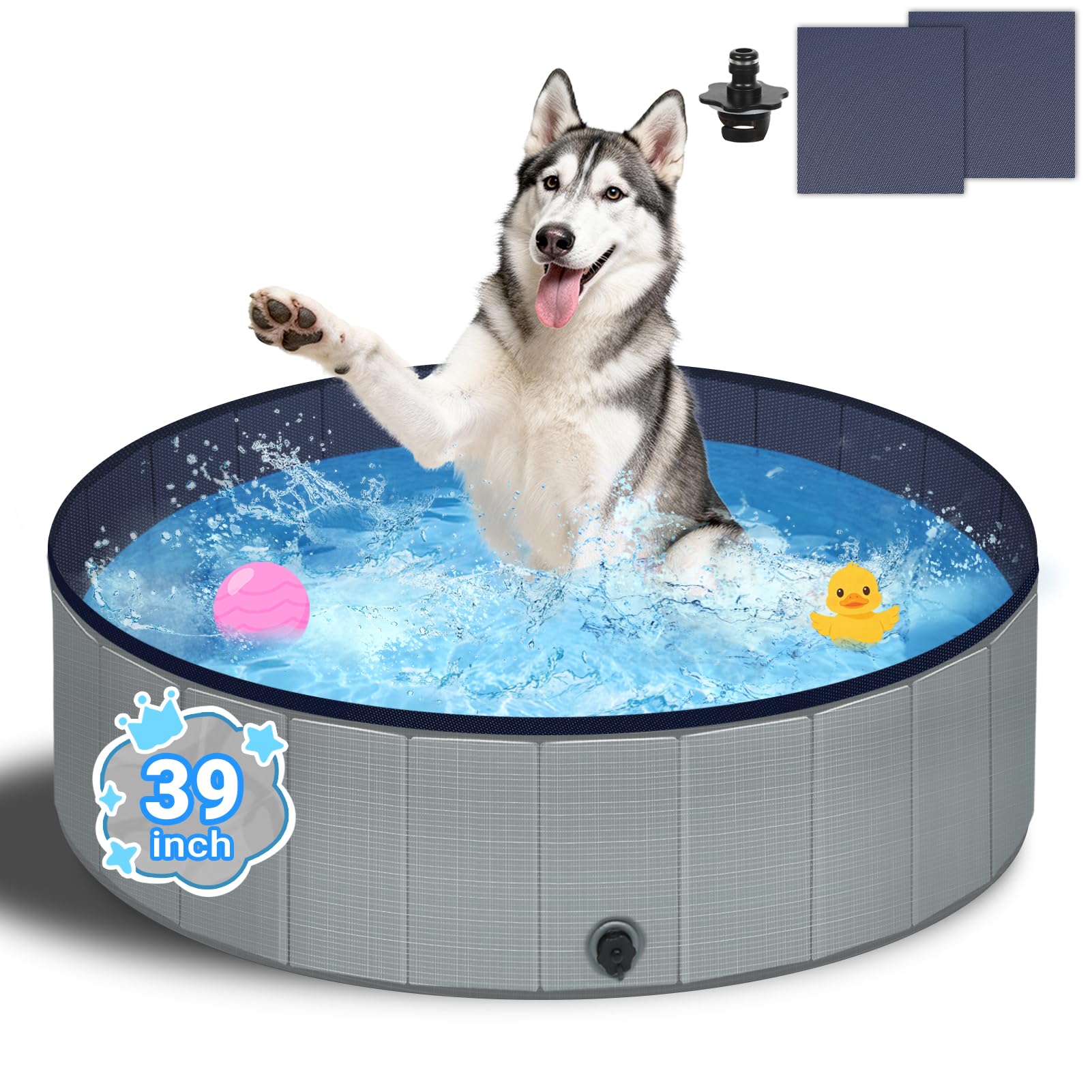 Bamda Dog Paddling Pool- 2026 Upgrade 5mm PP Board and Thickened Bottom, 39" Non-Slip Foldable Dog Paddling Pool for Small, Medium and Large Dogs, Children,100 x 30CM (Grey)