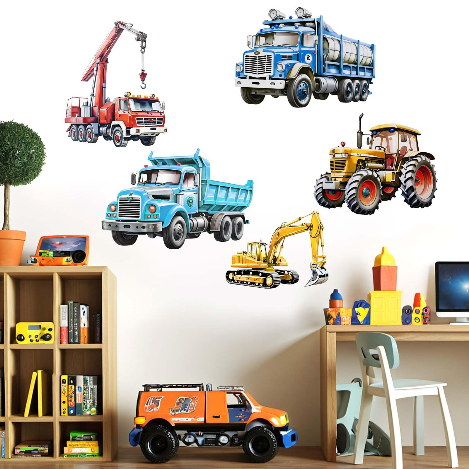 Car Wall Stickers for Boys Bedroom: Baby Nursery Playroom Wall Decals - Peel and Stick Kids Truck Construction Tractor Vehicle