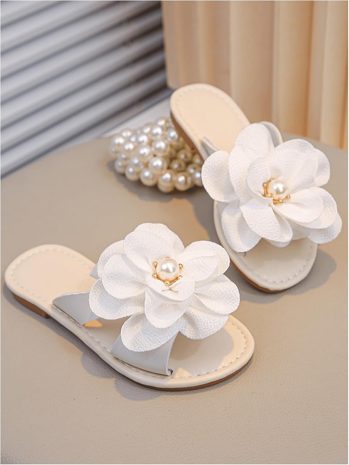 GORGLITTER Girl's Flower Pearl Metallic Sandals Dressy Cute Summer Square Open Toe Flat Sandals Slides