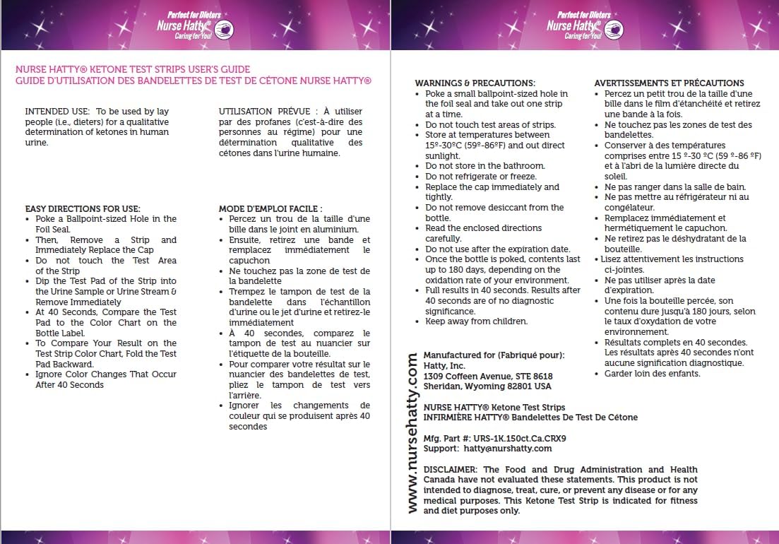 Nurse Hatty 150 - The ORIGINAL - PERFORMANCE-TESTED - USA-made Ketone Test Strip w Built-in Color Chart – Free Keto eBook & App - Urine Test for Ketogenic, Ketosis, Low Carb, Atkins & Paleo Diets – XL