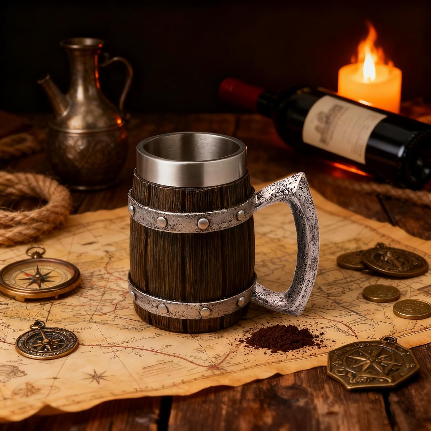 Viking Wooden Barrel Beer Mug - Norse Decor Coffee Cup for Men - Ideal Viking Gift - 21oz Large Nordic Beverage Cup & Beer Stein Tankard - Unique Viking Decor - Image 2