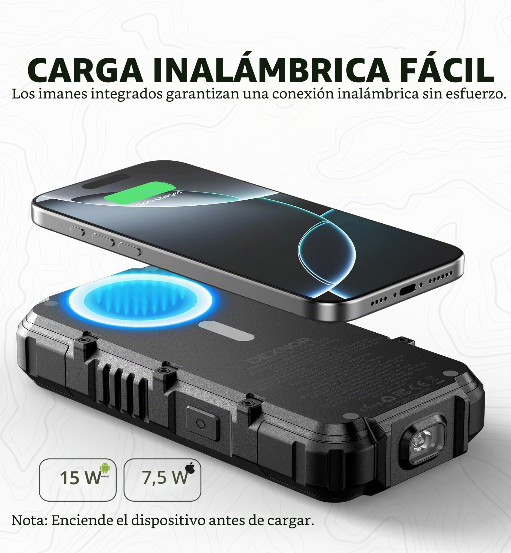Dexnor Power Bank Solar 27.000mAh con Carga Rápida 65W PD3.0 & QC3.0, Batería Externa Portátil con Cargador Inalámbrico, Linterna y Mosquetón - Compatible con MagSafe y Qi
