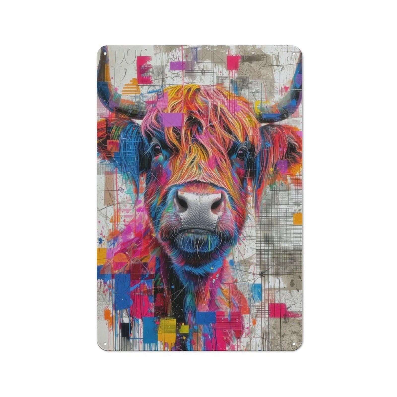 Junmoney Style-13 Country Style Highland Cow Colorful Face Decorative Metal Sign 30X20cm, Bistro Wall Plaque For Restaurant, Kitchen, Counter Or Breakfast Nook