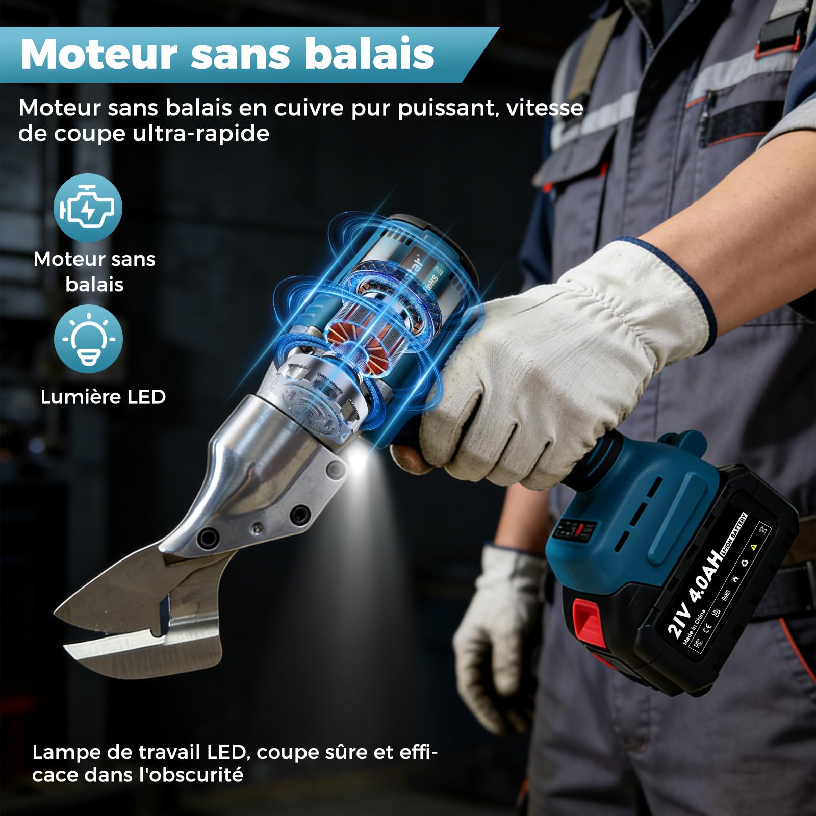 Bostar Cisaille à Tôle sans Fil, Moteur Brushless avec 2 Batteries 4.0Ah, Coupe-Tôle Électrique pour Métal 1,5mm & Alu 2,0mm, Tête Rotative 360° (Verrouillage Sécurisé), Compatible avec Makita 18V
