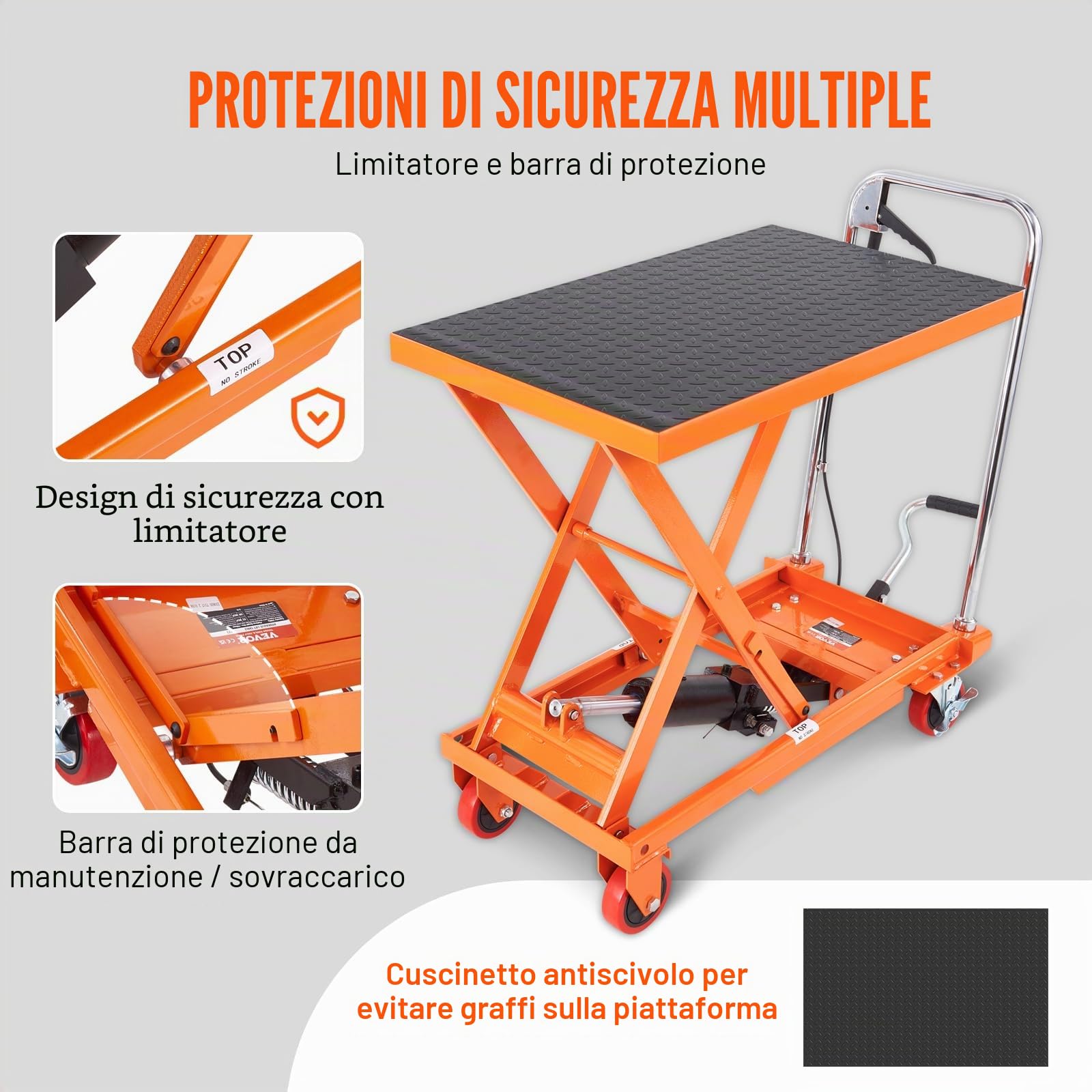 VEVOR Carrello Elevatore Idraulico, Capacità 230kg, Altezza di Sollevamento 220-720 mm, Piattaforma Elevatore Manuale a Forbice Singola con 4 Ruote Cuscinetto Antiscivolo, Carrello Idraulico a Forbice