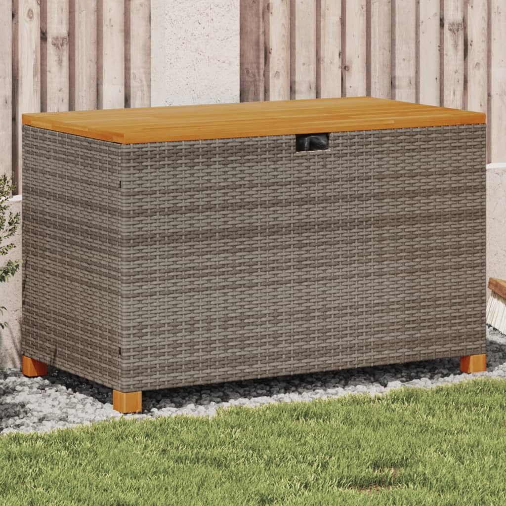 Baúl de jardín gris, 110 x 55 x 63 cm, caja de almacenamiento, armario para jardín, balcón, caja de almacenamiento, polirratán, madera de acacia